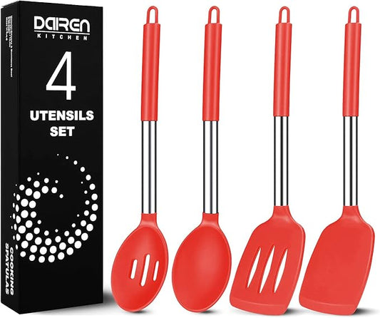 Pack of 4 Large Silicone Cooking Spatulas and Spoons, Slotted and Solid Stainless Steel Cooking Utensils Set, Non-stick Heat Resistant Kitchen for Baking, Fried, Stir-Fry, Mixing, Serving (Red) by DaiRenKitchen
