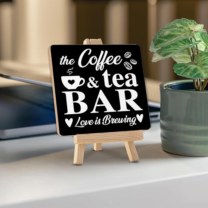Coffee Bar Decor, Coffee Tea Bar Wood Sign with Easel Home Kitchen Desk Shelf Table Tabletop Decor - Image 4