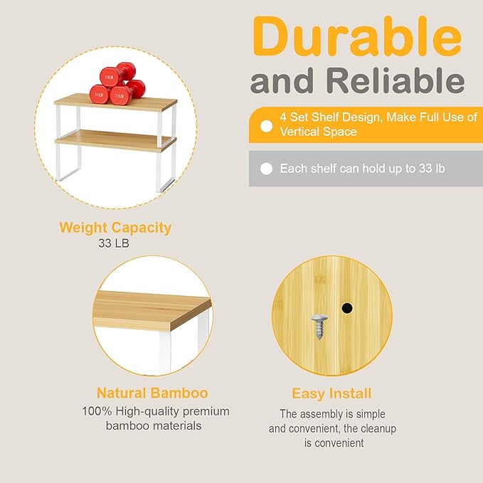 OGEMXU Cabinet Shelf Organizers, 15.7 inches Large Kitchen Counter Shelf, Set of 4 Wood Kitchen Pantry Organizer, Storage Shelves for Countertop, Spice Rack, Stackable, Expandable, Metal White, Nature - Image 5