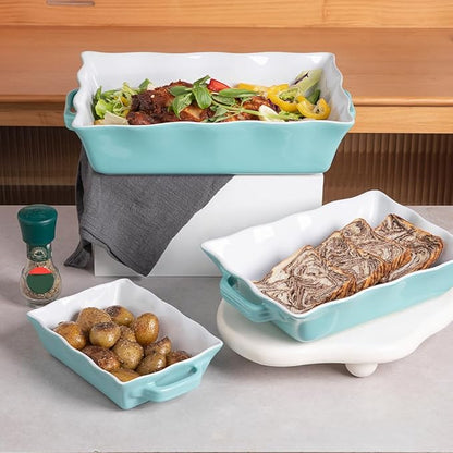 Sweejar Casserole Dishes for Oven, Ceramic Bakeware Set of 3, Rectangular Baking dish with Handles, Wave Edge Lasagna Pan Deep for Cooking, Cake, Dinner, Banquet and Daily Use (Turquoise) - Image 3
