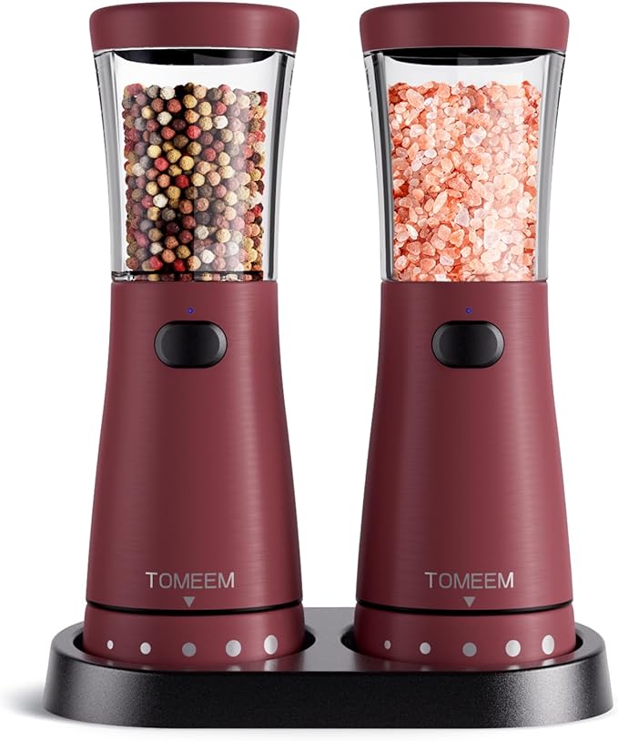 Electric Salt and Pepper Grinder Set with Storage Base, Stainless Steel Rechargeable Salt and Pepper Grinder Set with 4.5 oz Large Capacity, 1.8" Wide Mouth, Adjustable Coarseness, Ideal for Kitchen by Tomeem