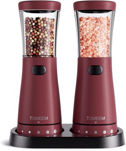 Electric Salt and Pepper Grinder Set with Storage Base, Stainless Steel Rechargeable Salt and Pepper Grinder Set with 4.5 oz Large Capacity, 1.8" Wide Mouth, Adjustable Coarseness, Ideal for Kitchen by Tomeem