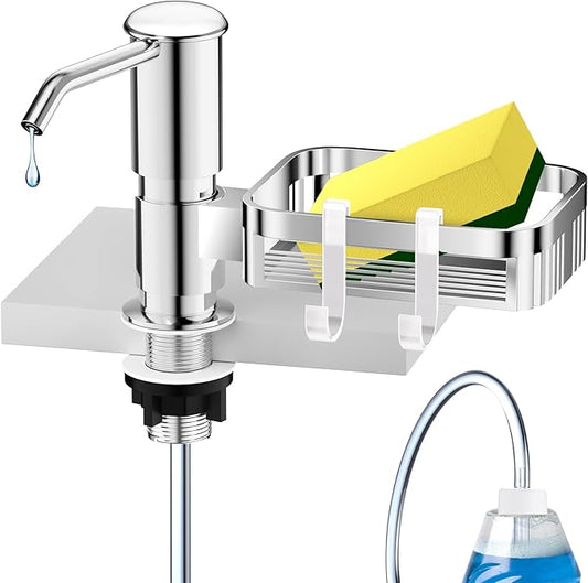 Soap Dispenser for Kitchen Sink, Mecyfaty Under Counter Sink Soap Dispenser Pump with 39" Extension Tube Kit, Built in ABS Kitchen Dish Soap Dispensers with Sponge Holder, No More Refills, Chrome
