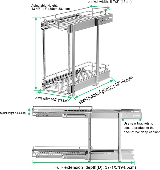 DINDON Pull Out Cabinet Organizer (7-1/2" W x 21-1/2"D), Cabinet Pull Out Shelves, 2 Tier Pull Out Drawers for Kitchen Cabinets, Wire Basket Slide Out Shelf for Cabinet Organization - Image 5