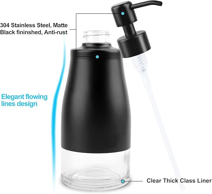 AUMIO Soap Dispenser with Non-Slip Silicone Pad, 2 Pack Kitchen Dish Refillable Liquid Dispensers, Matte Black Hand Soap Dispenser for Bathroom, Stainless Steel Case Glass Liner Hand Pump Dispensers - Image 4