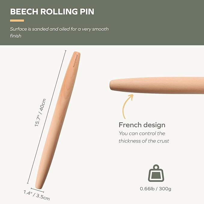 Muso Wood Wooden French Rolling Pin for Baking, Beech Wood Tapered Rolling Pin for Fondant Pie Crust Cookie Pastry(French 17.5-Inch) - Image 2