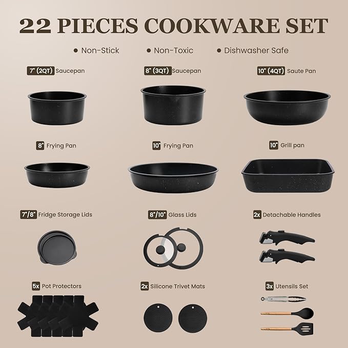 KIKCOIN 22 Pcs Pots and Pans Set Non Stick, Detachable Handle Cookware Sets Nonstick, RV Kitchen Cooking Set with Removable Handles, Frying Pans - Induction/Dishwasher/Oven Safe (Black) - Image 2