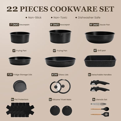 KIKCOIN 22 Pcs Pots and Pans Set Non Stick, Detachable Handle Cookware Sets Nonstick, RV Kitchen Cooking Set with Removable Handles, Frying Pans - Induction/Dishwasher/Oven Safe (Black) - Image 2