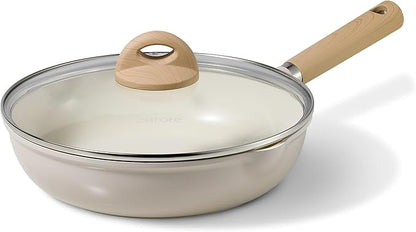 CAROTE 10" Ceramic Frying Pan with Lid, Non Stick Frying Pan Skillet Chef's Pan, Healthy & PFOA/PFAS Free, Induction-Compatible, Taupe by CAROTE