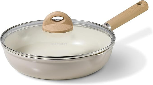 CAROTE 10" Ceramic Frying Pan with Lid, Non Stick Frying Pan Skillet Chef's Pan, Healthy & PFOA/PFAS Free, Induction-Compatible, Taupe by CAROTE