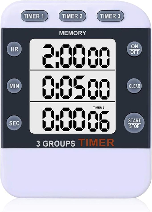 Digital Dual Kitchen Timer for Cooking, 3 Channels Count Down/up Triple Multi Timers for Food, Magnetic Memory-Preset Large-Display Adjustable Alarm Volume, 3A Battery Included by MOSTRUST