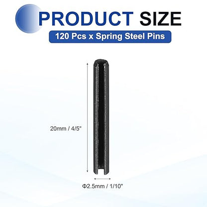 MECCANIXITY 120Pcs Slotted Split Roll Pins 1/10 Inch(2.5mm) Dia. 1 Inch(25mm) Length 65Mn Steel Spring Tension Expansion Dowels for Secure Fastening, Black