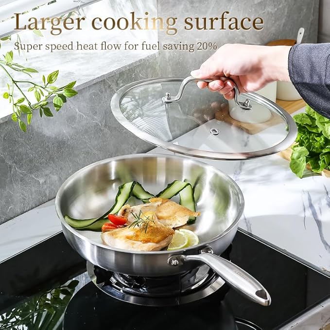 DELARLO Tri-ply Stainless Steel Frying Pan Set with Lid 8" 12" Induction large Skillets Chef's Pan,Pots and Pans Set Kitchen Cookware Set Suitable for All Stove - Image 5