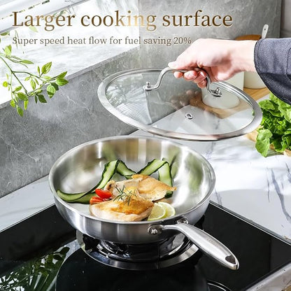 DELARLO Tri-ply Stainless Steel Frying Pan Set with Lid 8" 12" Induction large Skillets Chef's Pan,Pots and Pans Set Kitchen Cookware Set Suitable for All Stove - Image 5