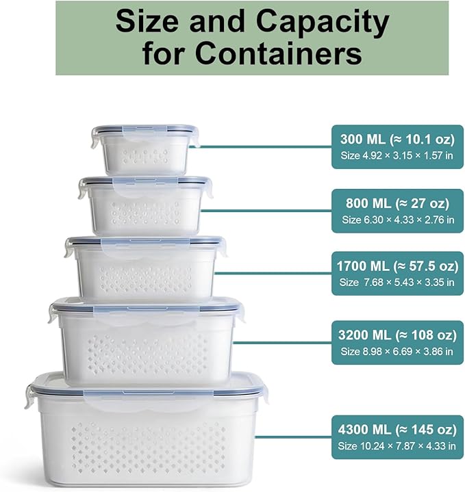 5 Pack Large Fruit Storage Containers for Fridge with Removable Colander-Plastic Food Storage Containers with Lids Airtight-Leak Proof Refrigerator Organizers and Storage of Vegetable -Produce Storage - Image 2
