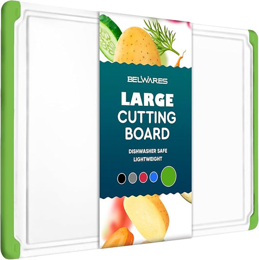 Large Cutting Board for Kitchen - Dishwasher Safe Plastic Chopping Board with Non-Slip Grip, Deep Juice Groove & Easy-Grip Handles - Thick Durable Cutting Board for Meat, Vegetables & Meal Prep by Belwares