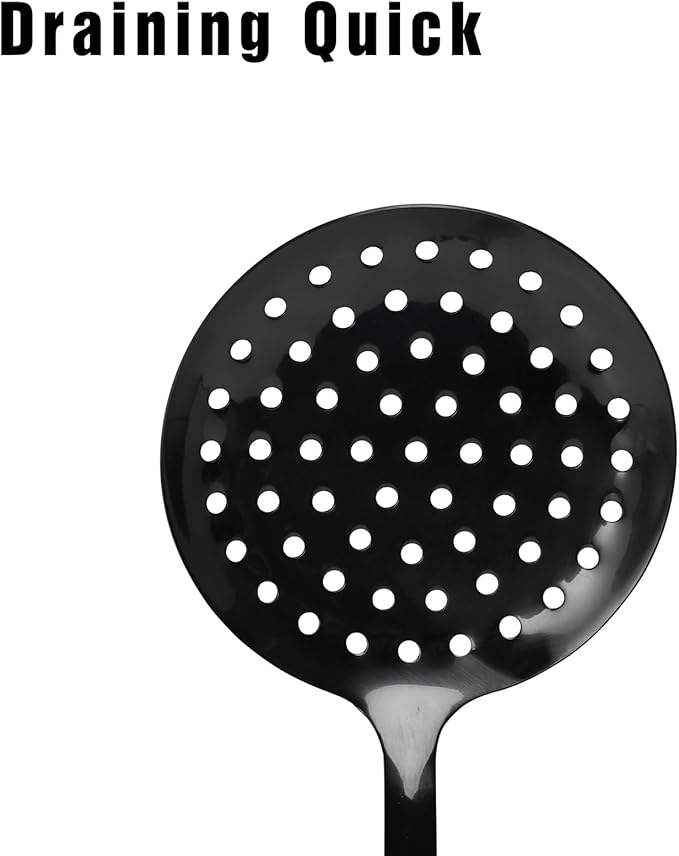 304 Stainless Steel Skimmer Spoon, 14.17" Slotted Strainer Spoon for Frying, Boiling, Pasta, Dumplings and Vegetables, Long Handle Kitchen Cooking Utensil, Dishwasher Safe, Black