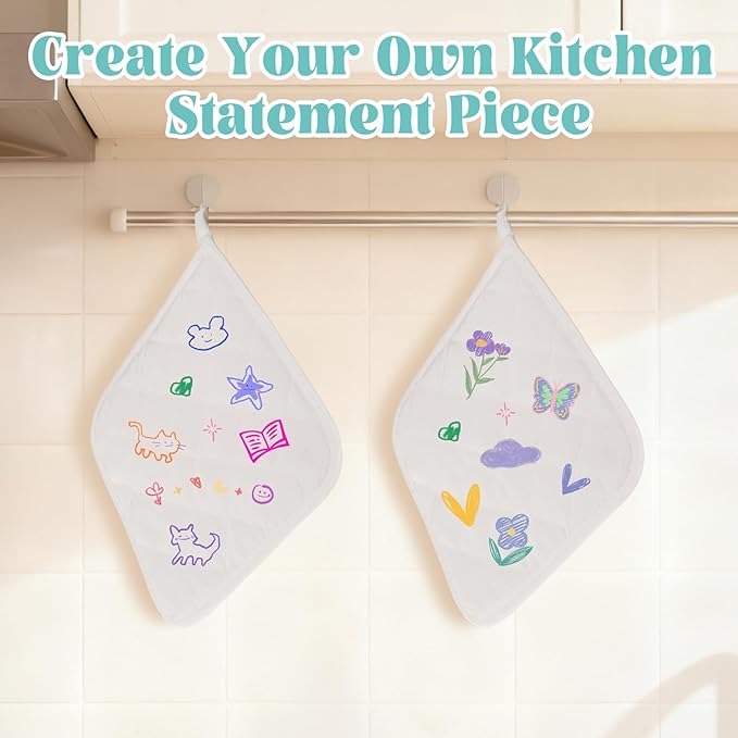 40 Pcs Pot Holder Bulk for Craft Include 16 White Heat Resistant Pot Holders and Oven Mitts with 24 Makers for Kitchen Cooking and Baking Christmas DIY Craft Project Set