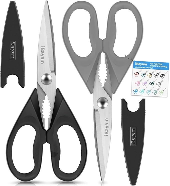 iBayam All Purpose Kitchen Scissors, Kitchen Shears with Protective Sheath Durable Stainless Steel Sharp Scissors, Dishwasher Safe, Soft Grip Handle for Cooking Food Herb Pizza Salad Seafood, 8.5 Inch by iBayamDirect