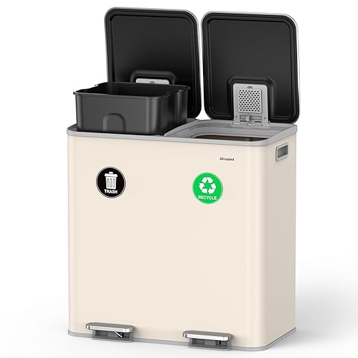 Lovewind 2×11.5 Gallon Dual Trash Can, Stainless Steel Dual Garbage and Recycling Can with Foot Pedal, 90° Stay-Open Lid, Large Dual Compartment Trash Recycling Bins Kitchen, Apricot