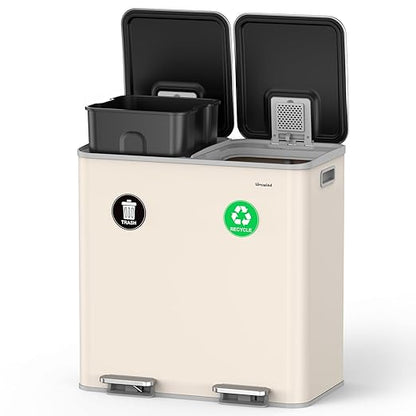 Lovewind 2×11.5 Gallon Dual Trash Can, Stainless Steel Dual Garbage and Recycling Can with Foot Pedal, 90° Stay-Open Lid, Large Dual Compartment Trash Recycling Bins Kitchen, Apricot