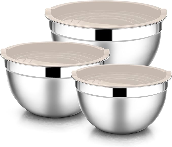 E-far Mixing Bowls with Lids, 6-Piece Stainless Steel Salad Bowls Metal Nesting Bowls for Baking Cooking and Prepping, Airtight Lids & Stackable Design, Size 4.5, 3, 1.5 QT (Khaki) by E-far