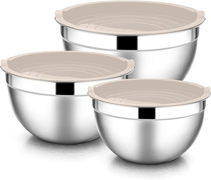 E-far Mixing Bowls with Lids, 6-Piece Stainless Steel Salad Bowls Metal Nesting Bowls for Baking Cooking and Prepping, Airtight Lids & Stackable Design, Size 4.5, 3, 1.5 QT (Khaki) by E-far