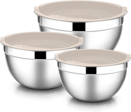 E-far Mixing Bowls with Lids, 6-Piece Stainless Steel Salad Bowls Metal Nesting Bowls for Baking Cooking and Prepping, Airtight Lids & Stackable Design, Size 4.5, 3, 1.5 QT (Khaki) by E-far
