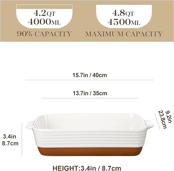 MALACASA Baking Dish 4.8 Qt Ceramic Casserole & Lasagna Pan, 9x13 Inch Deep Rectangular Oven Safe Dish with Handles for Baking, Roasting, Serving (Khaki & White) - Series Tara - Image 2