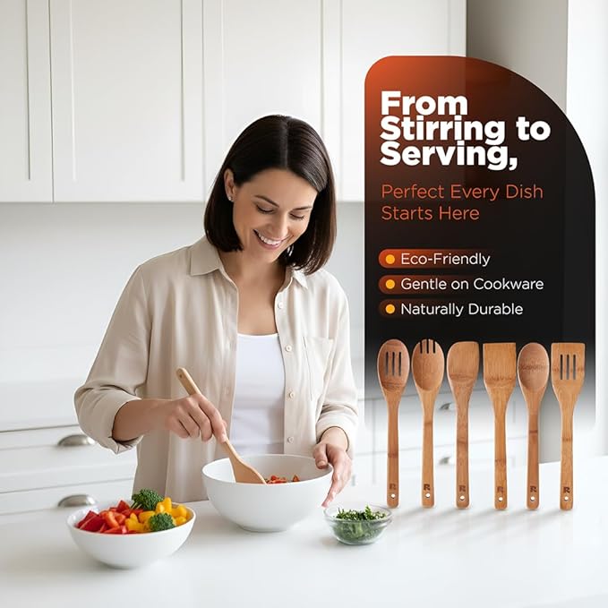 Riveira Dark Bamboo Wooden Spoons for Cooking 6-Piece, Apartment Essentials Wood Spatula Spoon Nonstick Kitchen Utensil Set Premium Quality Housewarming Gifts for Everyday Use - Image 6