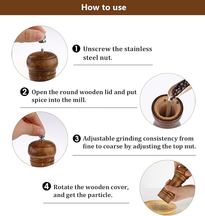 Salt and Pepper Grinders Set,Ouktor Manual Wooden Salt and Pepper Mills Shakers, Ceramic Rotor with Strong Adjustable Coarseness (5.5inch) - Image 4
