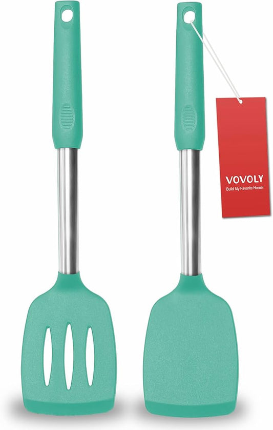 2 Pack Spatulas, Solid & Slotted Silicone Spatula Set, Stainless Steel Handle Coated with Silicone, Non Stick Turners, Heat Resistant Rubber Spatulas for Fish, Eggs, Pancakes, WOK, Teal by VOVOLY