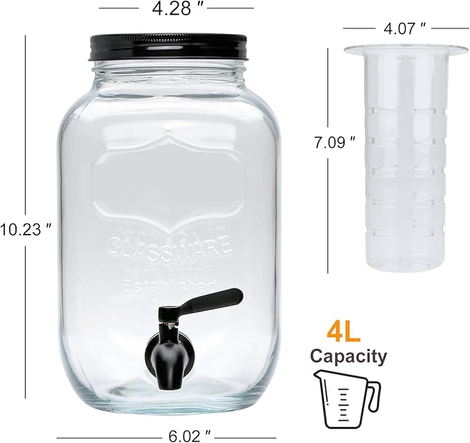 1-Gallon Drink Dispenser,Accguan Glass Water Dispenser with Black Tin Lid and Black Stainless steel faucet,Black Iron Frame,Mason Drink Dispenser for Parties, Picnics, Barbecues and Daily,2 pack