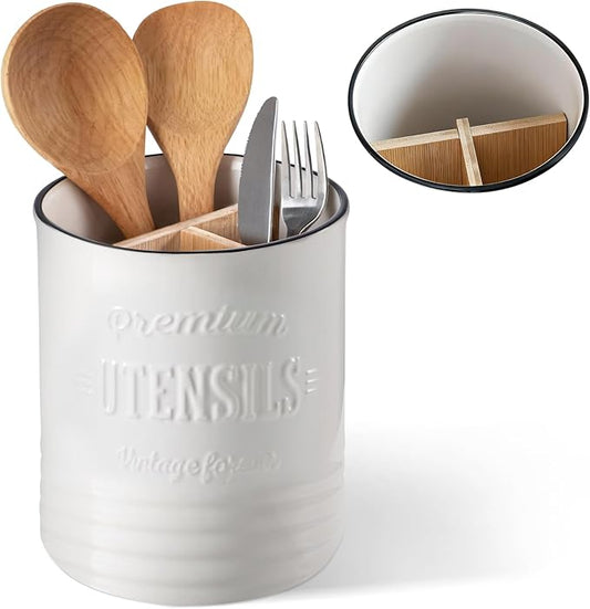 DOWAN 3 Compartment Kitchen Utensil Holder, 7.2″ Extra-Large Ceramic Stable Utensil Caddy, Rustic Cooking Utensil Crock for Farmhouse Kitchen Décor, Utensil Holder for Countertop by DOWAN