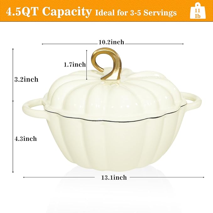 Pumpkin Cast Iron Dutch Oven with Lid, 4.5QT Heavy-Duty Enameled Pot with Dual Handles, Serves 3-5, Oven Safe for Bread Baking, Braising, Cooking and Family Gifts, White