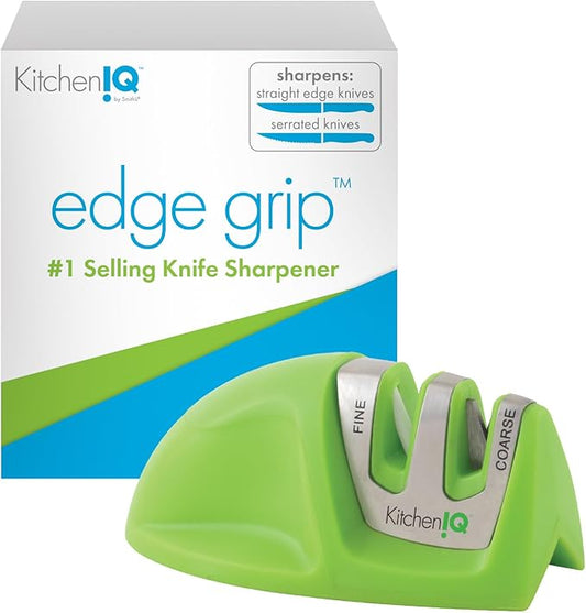 KitchenIQ 50881 - Edge Grip 2-Stage Knife Sharpener - Green - Coarse & Fine Sharpeners -Compact for Easy Storage - Stable Non-Slip Base - Soft Grip Rubber Handle - Straight & Serrated Knives by SmithsConsumerProductsInc