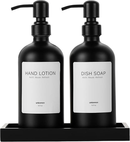 2 Packs Glass Soap Dispenser Set for Kitchen, Hand and Dish Soap Dispenser with Stainless Steel Pump & Resin Tray, Rental-Modern Refillable Countertop Soap Dispenser for Kitchen Hotels,Matte Black