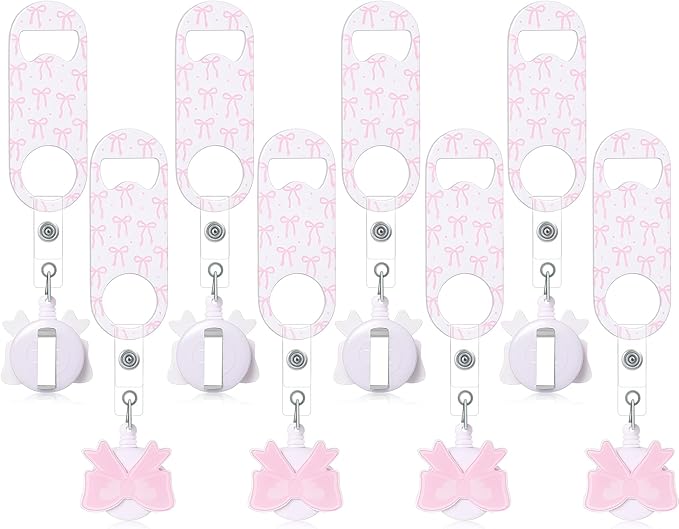 Honoson 8 Pieces Retractable Flat Bottle Opener Bartender Beer Opener with Round Badge Reel Clips Holder Bar Keys for Bartender Gifts Kitchen Home Party Supplies (Bow,Pink) by Honoson