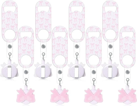 Honoson 8 Pieces Retractable Flat Bottle Opener Bartender Beer Opener with Round Badge Reel Clips Holder Bar Keys for Bartender Gifts Kitchen Home Party Supplies (Bow,Pink) by Honoson