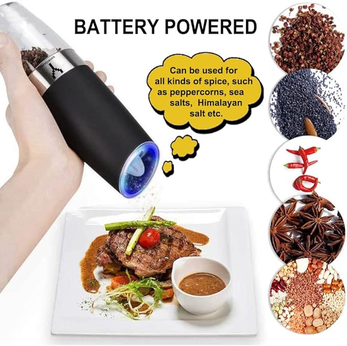Gravity Electric Grinder set of 2,Automatic Pepper and Salt Mill Grinder with Blue LED LIGHT,Electric Pepper Mill with Adjustable Coarseness,Refillable,salt and pepper shaker,pepper grinder