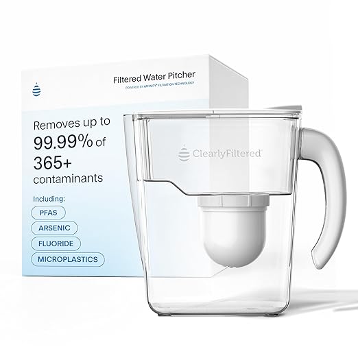 Clearly Filtered No.1 Filtered Water Pitcher/Updated Model/Targets 365+ Contaminants e.g. Fluoride Chlorine PFAS Microplastics Lead Arsenic BPA/BPS Free (Pitcher Includes 1 Filter) by ClearlyFiltered