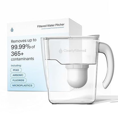 Clearly Filtered No.1 Filtered Water Pitcher/Updated Model/Targets 365+ Contaminants e.g. Fluoride Chlorine PFAS Microplastics Lead Arsenic BPA/BPS Free (Pitcher Includes 1 Filter) by ClearlyFiltered