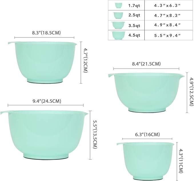 BoxedHome Nesting Plastic Mixing Bowl Set, 4 Piece Mixing Bowl Set with Pour Spouts, Size 1.7, 2.5, 3.5 and 4.5qt, for Prepping, Mixing, Baking, Cooking(2023 New Version, Green) - Image 4