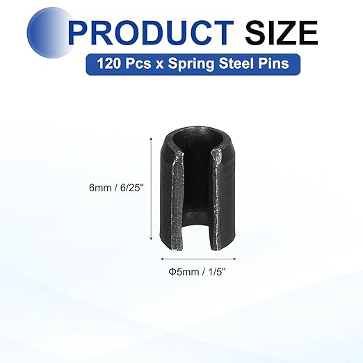 MECCANIXITY 120Pcs Slotted Split Roll Pins 1/5 Inch(5mm) Dia. 6/25 Inch(6mm) Length 65Mn Steel Spring Tension Expansion Dowels for Secure Fastening, Black