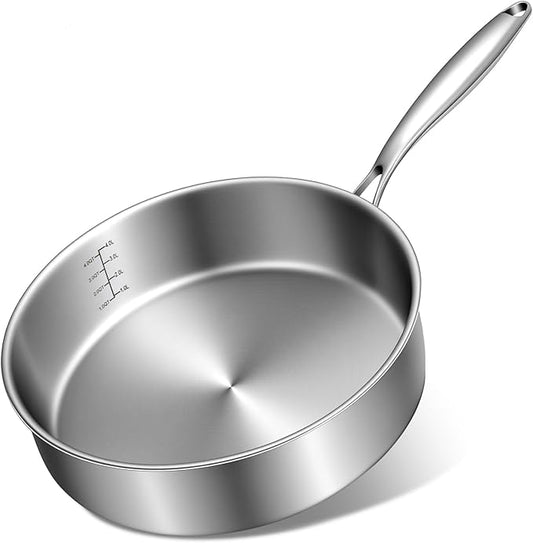 EWFEN 12 Inch Tri-Ply Stainless Steel Frying Pan, Compatible with All Cooktops Up to 600℉, Large Frying Pan Induction-Ready Skillet, Dishwasher and Oven Safe, Even Heat by EWFEN