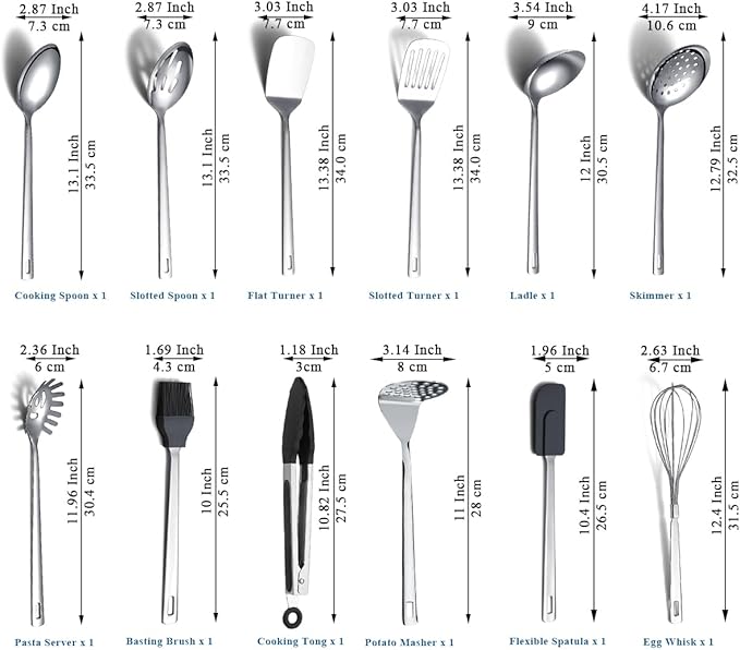Kitchen Cooking Utensils Set 26 Pieces, Stainless Steel Heavy Duty Sturdy Kitchen Tool Set with Hooks, Metal Spatula & Spoon Set Ergonomic Hanging Handles for All Cooking Tasks