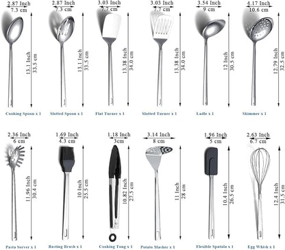 Kitchen Cooking Utensils Set 26 Pieces, Stainless Steel Heavy Duty Sturdy Kitchen Tool Set with Hooks, Metal Spatula & Spoon Set Ergonomic Hanging Handles for All Cooking Tasks