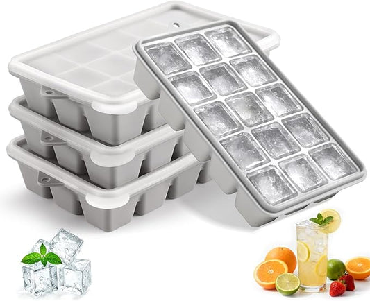 Silicone Ice Cube Trays with Lid, Set of 4, Easy Release Ice Molds, Reusable and Stackable Ice Trays for Freezer for Cocktail, Whiskey, Baby Food, BPA Free (gray) by PETHous
