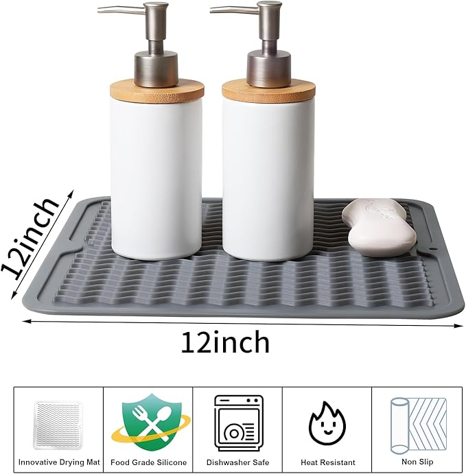 ZLR 2 Pcs Silicone Dish Drying Mat 12" x 12" Square - Small Heat Resistant Trivet & Countertop Protector for Air Fryer, Coffee Maker - Waterproof Kitchen Drain Pad for Cups, Fruit (Dark Gray) - Image 2