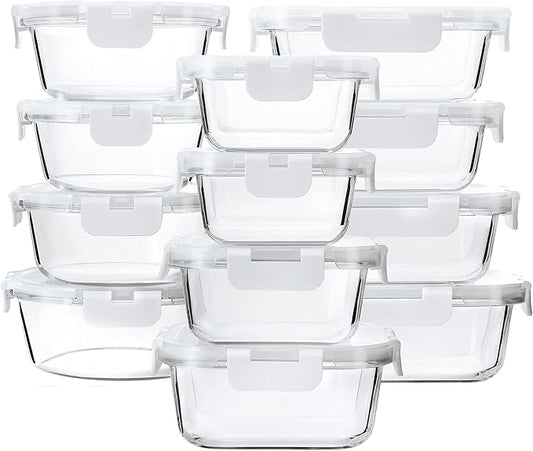 24-Piece Glass Food Storage Containers with Upgraded Snap Locking Lids,Glass Meal Prep Containers Set - Airtight Lunch Containers, Microwave, Oven, Freezer and Dishwasher,White by MMCIRCO